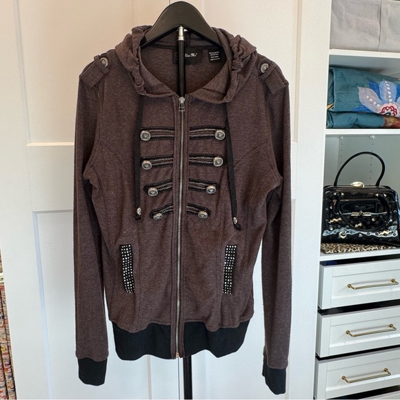 Miss Me Jackets & Blazers - Y2K Miss Me Dark Plum  Rhinestone Military Inspired  Size M  Zip Hoodie Bomber